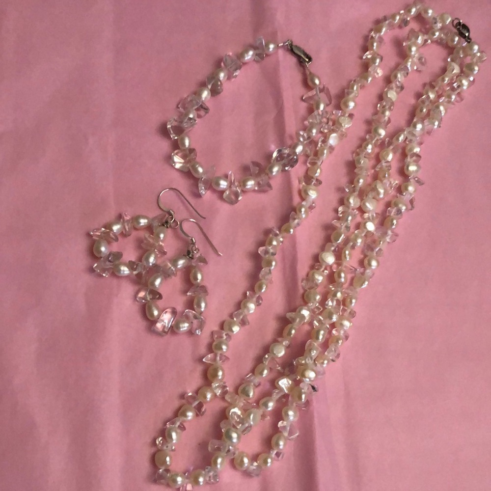 Freshwater Pearl & Qtz Crystal 3pc Set-Sterling - Picture 1 of 5